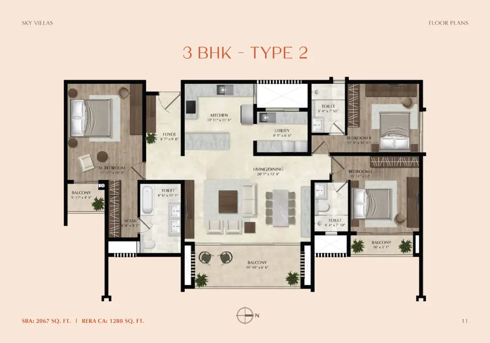 Aratt One World Electronic City floor plan 3bhk-type2
