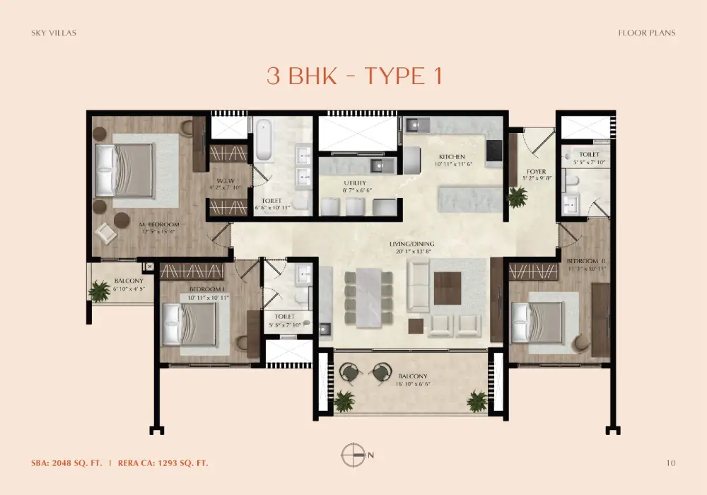 aratt electronic city 3bhk-type1 floor plan